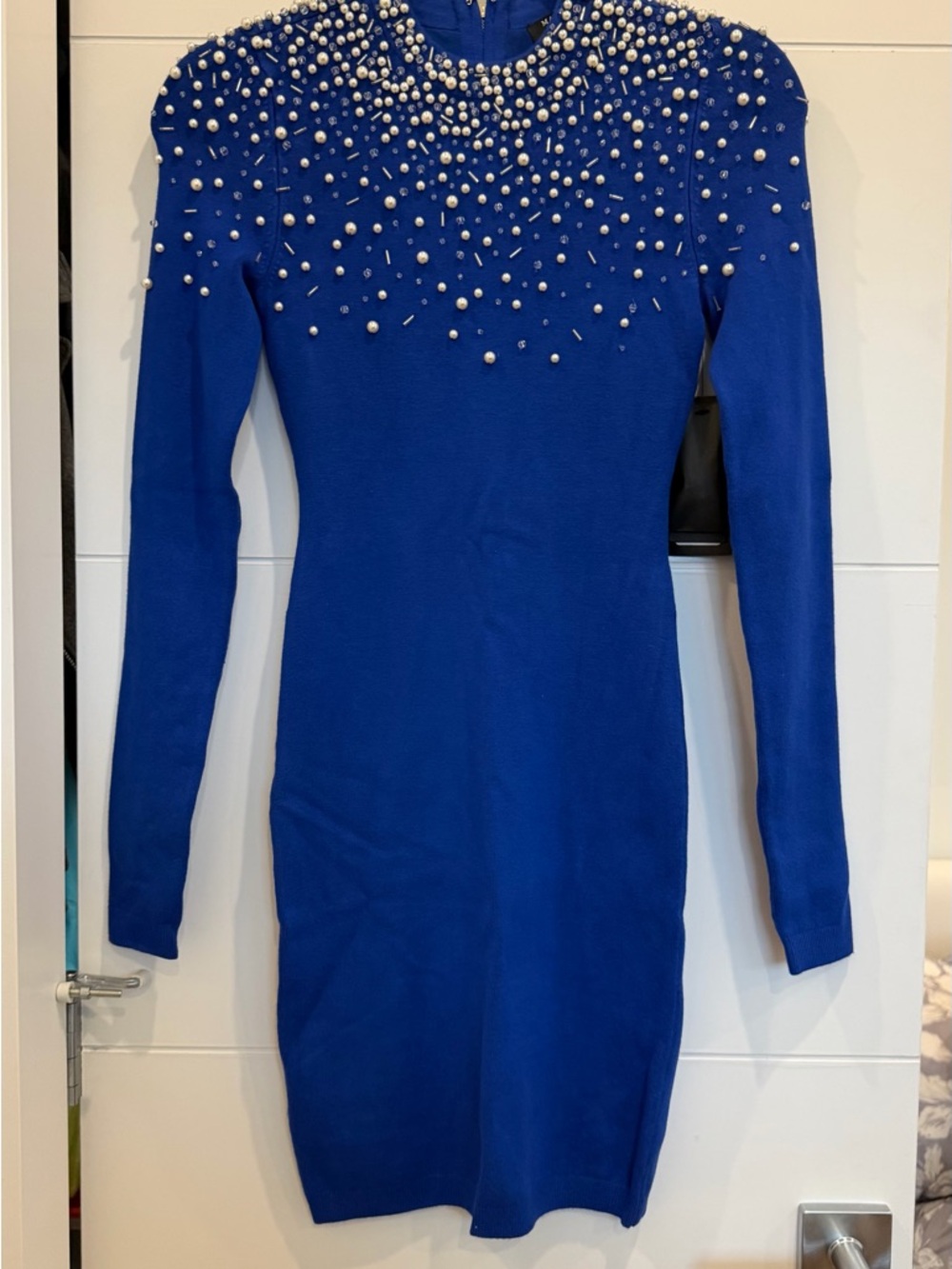 Marciano Royal Blue Long Sleeve Pearl-Studded Bodycon Dress